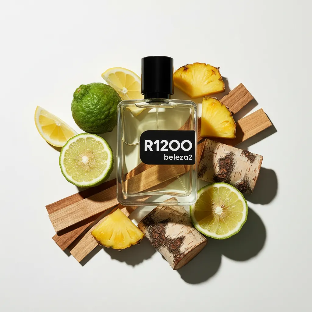 Perfume R1200 da Beleza2 em frasco transparente com tampa dourada, rodeado por notas cítricas e amadeiradas, transmitindo elegância, sofisticação e uma fragrância inspirada em perfumes importados de referência com excelente custo-benefício.