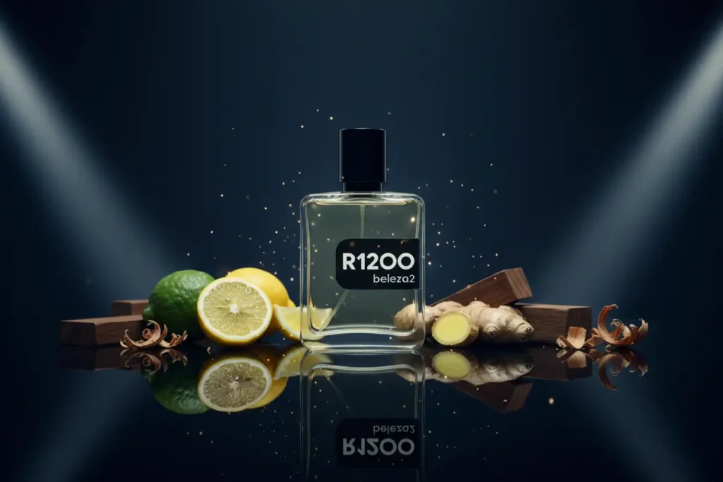 Perfume R1200 Beleza2 com bergamota, limão, gengibre e madeiras em cenário azul marinho escuro, representando fragrância cítrica aromática amadeirada elegante inspirada no Bleu de Chanel