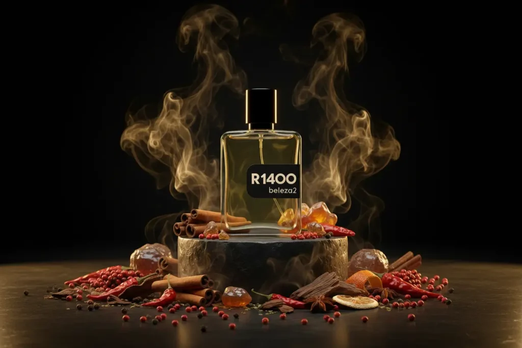 Perfume R1400 Beleza2 em cenário escuro com fumaça, canela, pimenta e especiarias ao redor, representando fragrância intensa, quente e marcante no estilo árabe