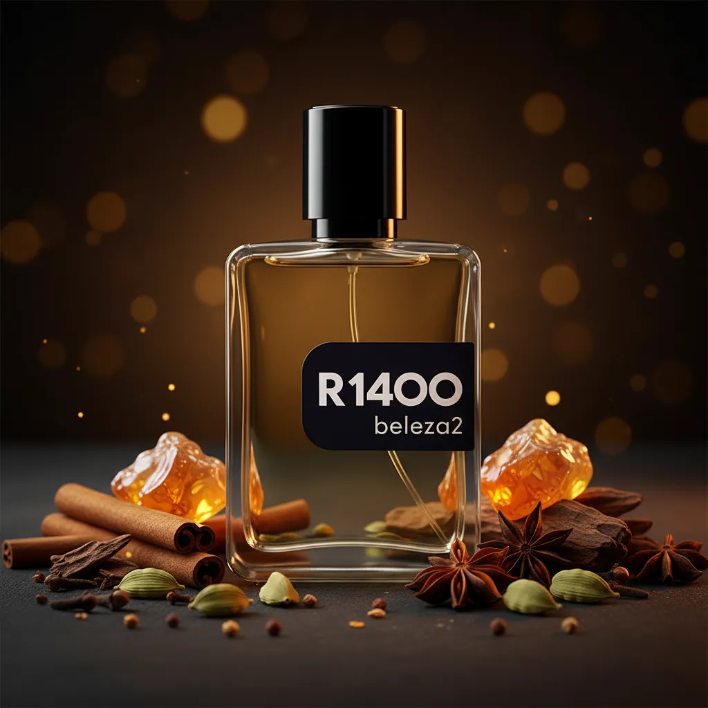 Perfume R1400 da Beleza2 em frasco transparente com tampa dourada, rodeado por notas especiadas e ambaradas, transmitindo elegância, sofisticação e uma fragrância inspirada em perfumes importados de referência com excelente custo-benefício.