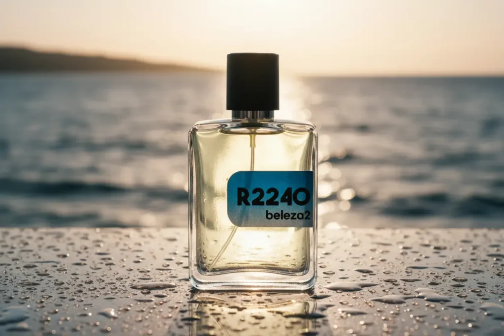 R2240 Beleza2 perfume masculino aquático inspirado no Louis Vuitton Afternoon Swim com fundo de pôr do sol no mar