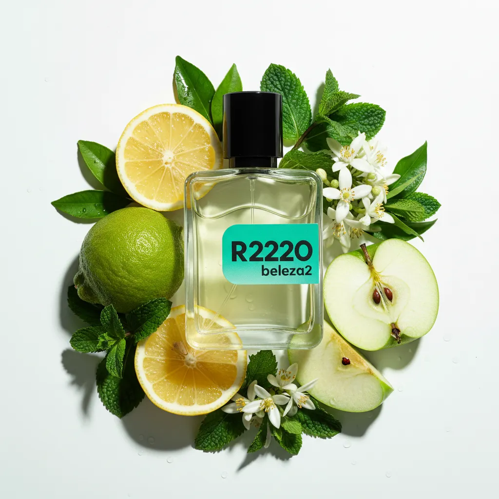 Perfume R2220 da Beleza2 em frasco transparente com tampa dourada, rodeado por notas cítricas e frutadas, transmitindo elegância, frescor e uma fragrância inspirada em perfumes importados de referência com excelente custo-benefício.