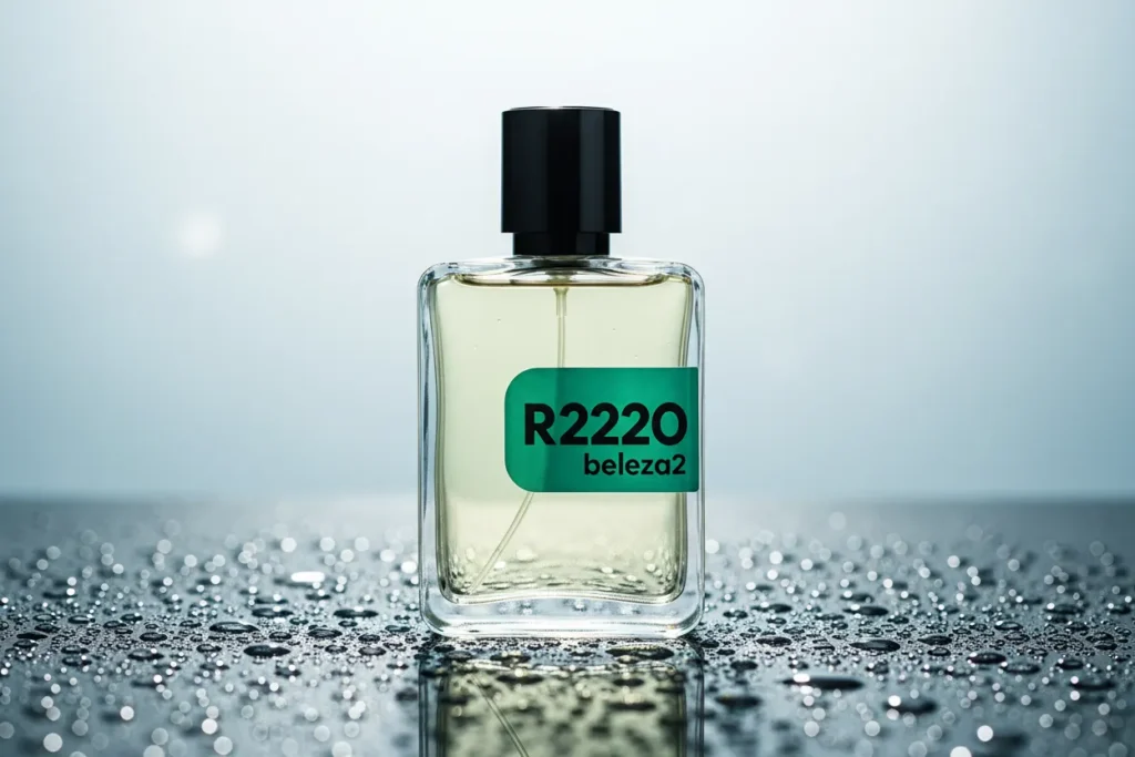 R2220 Beleza2 perfume masculino aquático fresco inspirado no Louis Vuitton Pacific Chill frasco transparente com etiqueta verde sobre superfície molhada com gotas d'água
