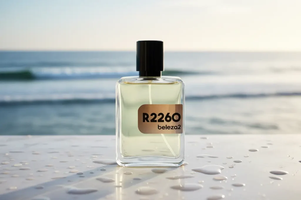 R2260 Beleza2 perfume masculino aquático inspirado no Louis Vuitton L'Immensité frasco sobre mármore com oceano dourado ao fundo

