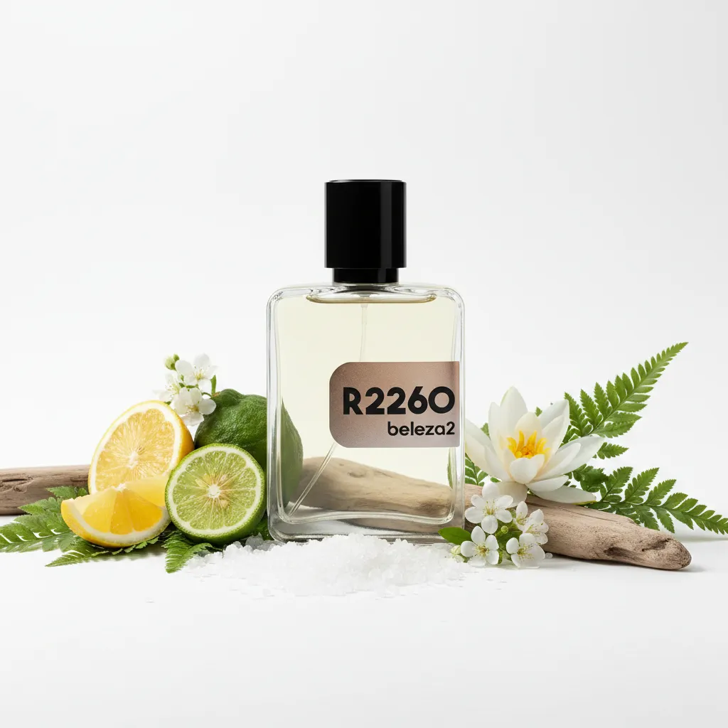 Perfume R2260 da Beleza2 em frasco transparente com tampa dourada, rodeado por notas cítricas e aromáticas, transmitindo elegância, frescor e uma fragrância inspirada em perfumes importados de referência com excelente custo-benefício.