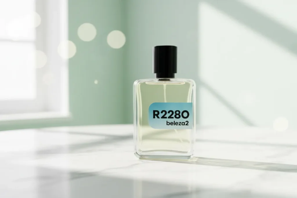 R2280 Beleza2 perfume masculino cítrico fresco inspirado no Louis Vuitton Imagination frasco sobre superfície branca com luz natural e fundo mint
