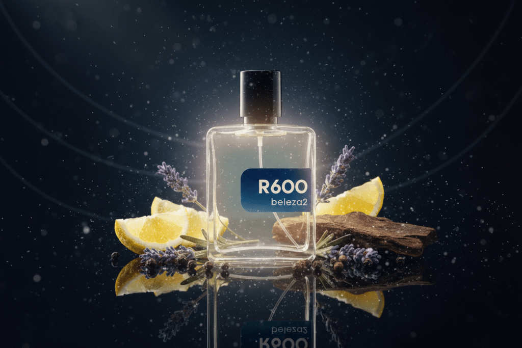 Perfume R600 Beleza2 com limão, lavanda e madeira em cenário azul escuro com brilho, representando fragrância fresca, moderna e elegante no estilo do Dior Sauvage