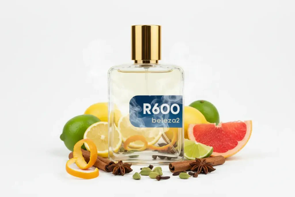 Perfume R600 da Beleza2 em frasco transparente com tampa dourada, rodeado por frutas cítricas e especiarias, transmitindo frescor, modernidade e uma fragrância inspirada em perfumes importados de referência com excelente custo-benefício.