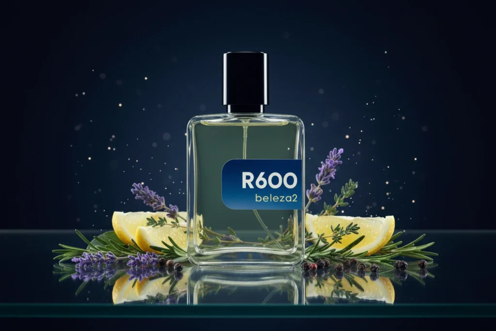 Perfume R600 Beleza2 com limão, lavanda, pimenta e notas aromáticas em cenário azul moderno, representando fragrância fresca, versátil e masculina