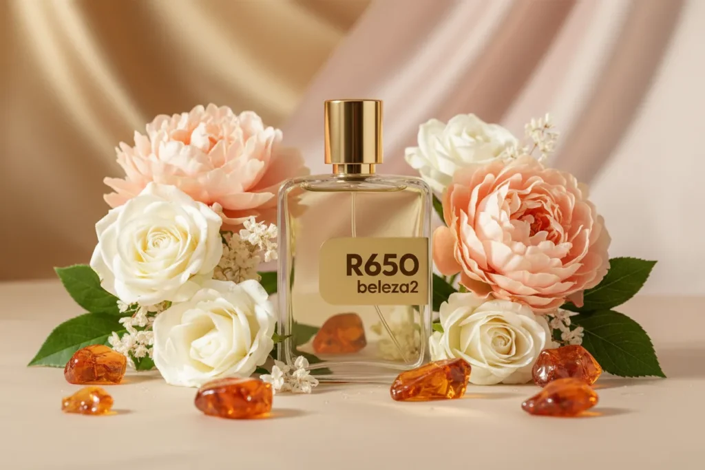 Perfume R650 da Beleza2 em frasco transparente com tampa dourada, rodeado por flores e notas ambaradas, transmitindo sofisticação, sensualidade e uma fragrância inspirada em perfumes importados de referência com excelente custo-benefício.