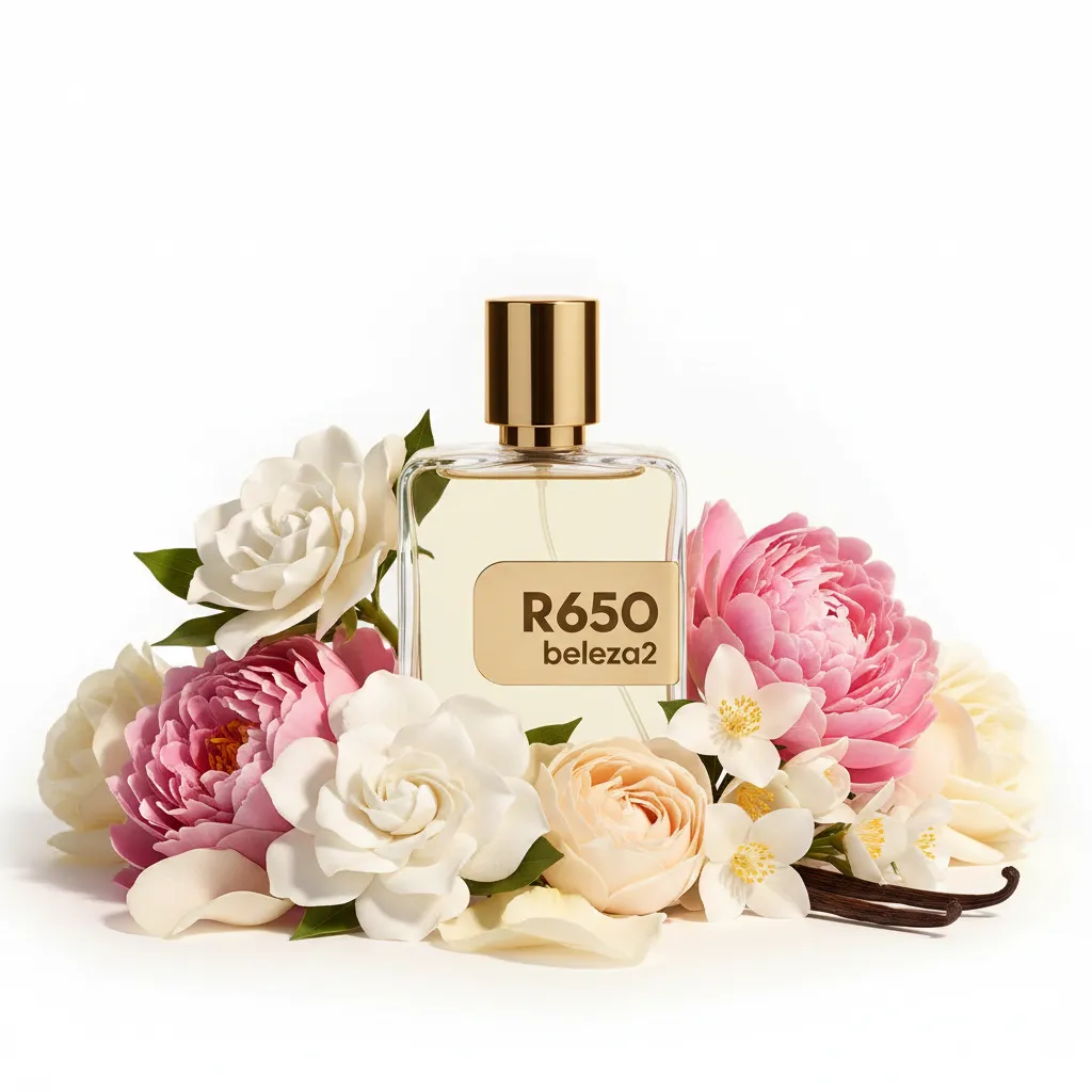 Perfume R650 da Beleza2 em frasco transparente com tampa dourada, rodeado por flores e notas doces, transmitindo elegância, sofisticação e uma fragrância inspirada em perfumes importados de referência com excelente custo-benefício.