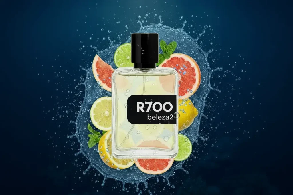 Perfume R700 da Beleza2 em frasco transparente com tampa dourada, rodeado por elementos aquáticos e cítricos, transmitindo frescor, elegância e uma fragrância inspirada em perfumes importados de referência com excelente custo-benefício.