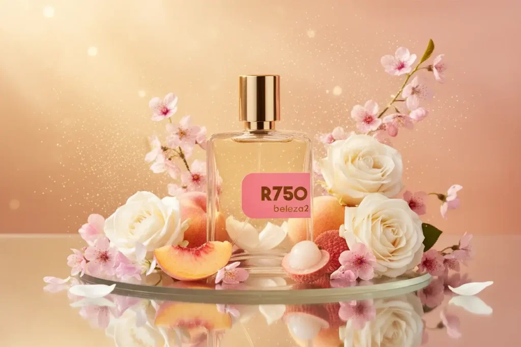 Perfume R750 Beleza2 em cenário rosado com flores, pêssego e lichia, representando fragrância doce floral elegante inspirada em perfume importado de referência