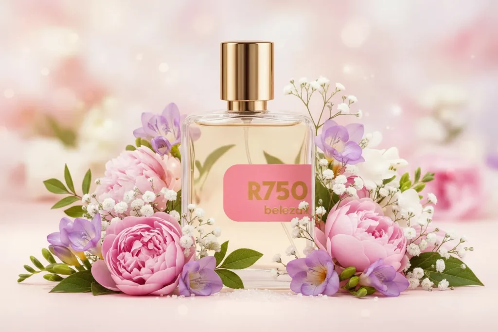 Perfume R750 da Beleza2 em frasco transparente com tampa dourada, rodeado por flores e notas doces, transmitindo feminilidade, elegância e uma fragrância inspirada em perfumes importados de referência com excelente custo-benefício.