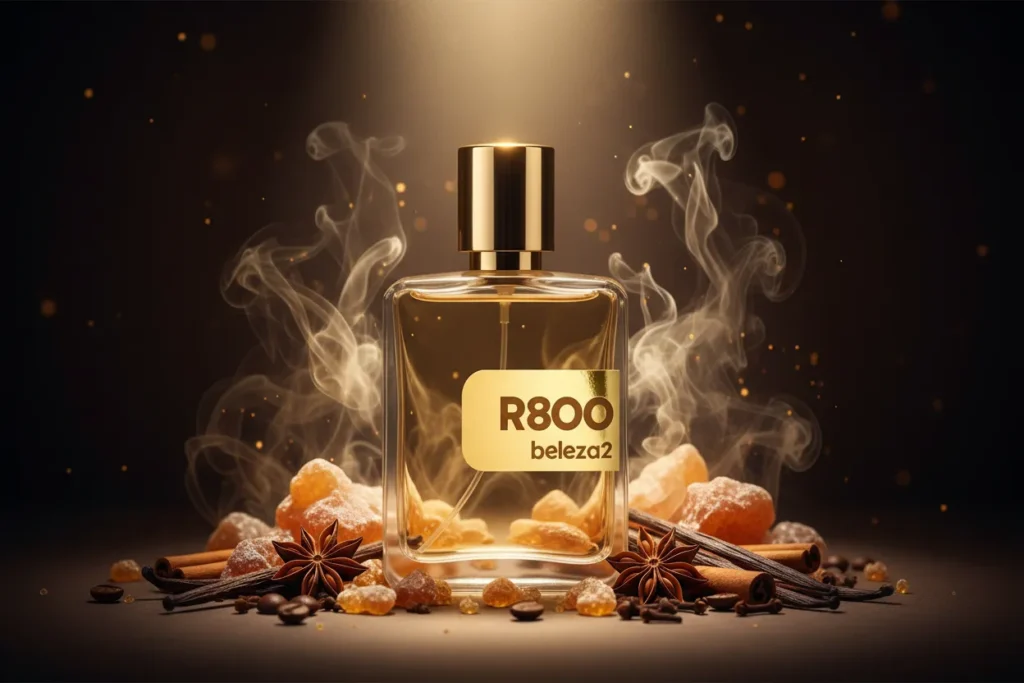 Perfume R800 da Beleza2 em frasco transparente com tampa dourada, rodeado por notas ambaradas e especiarias, transmitindo sofisticação, intensidade e uma fragrância inspirada em perfumes importados de referência com excelente custo-benefício.
