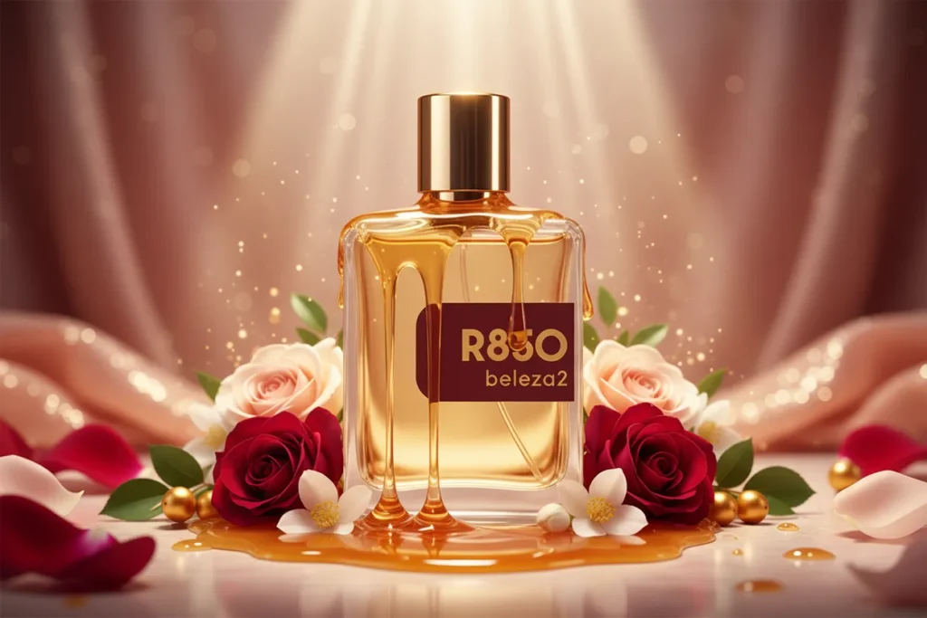 Perfume R850 da Beleza2 em frasco transparente com tampa dourada, rodeado por elementos doces e florais, transmitindo feminilidade, intensidade e uma fragrância inspirada em perfumes importados de referência com excelente custo-benefício.