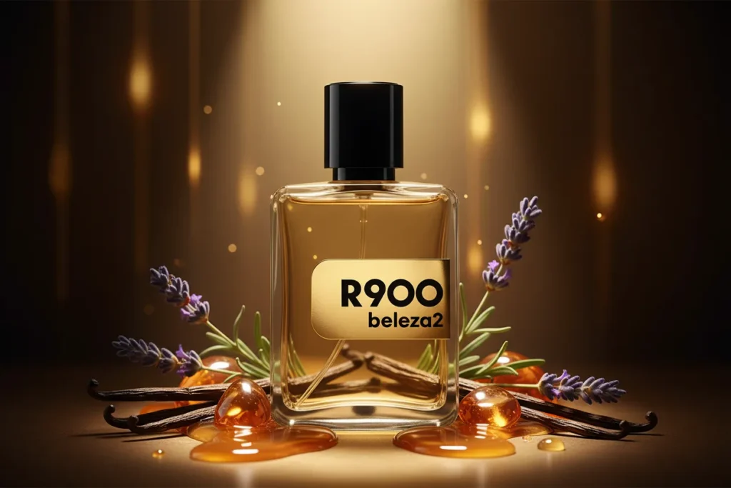 Perfume R900 da Beleza2 em frasco transparente com tampa dourada, rodeado por elementos doces e aromáticos, transmitindo intensidade, sofisticação e uma fragrância inspirada em perfumes importados de referência com excelente custo-benefício.