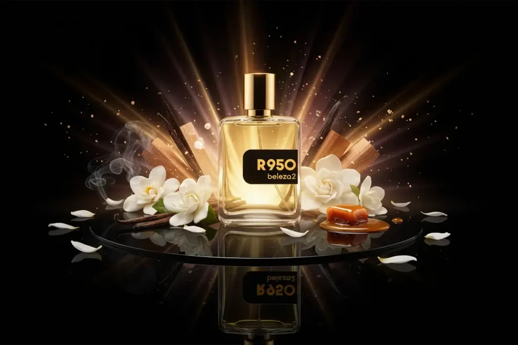 Perfume R950 Beleza2 em cenário escuro com baunilha, flores brancas e notas doces, representando fragrância intensa, sensual e marcante