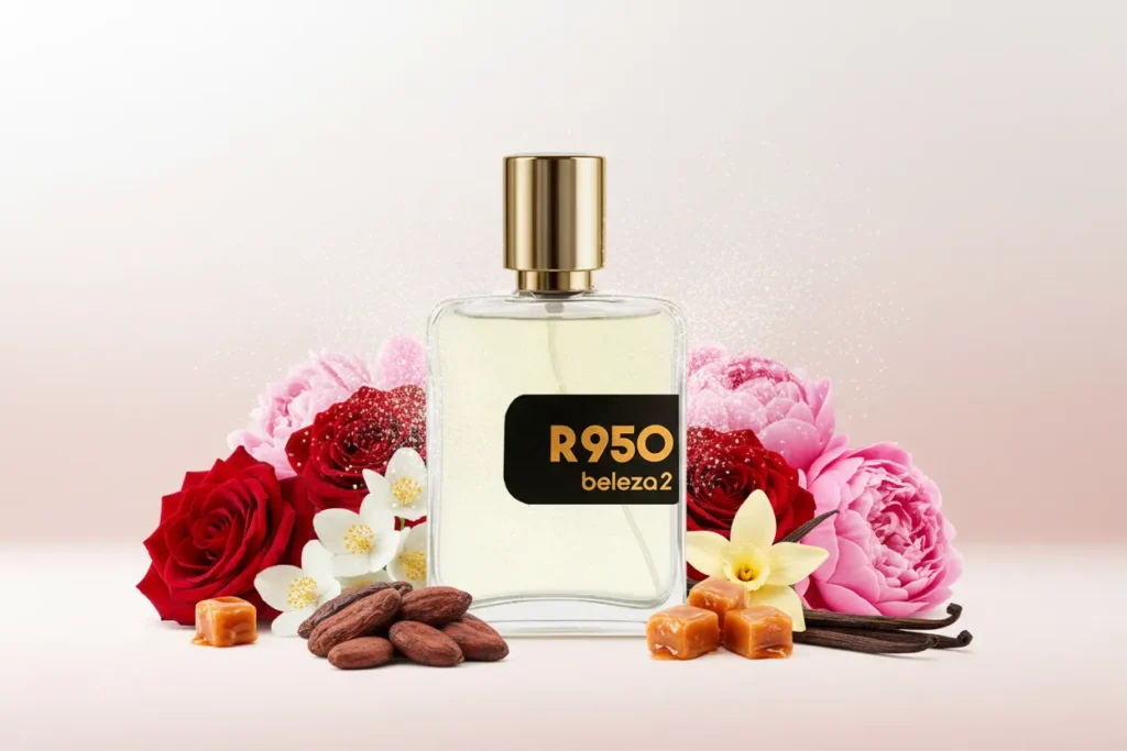 Perfume R950 da Beleza2 em frasco transparente com tampa dourada, rodeado por notas doces e florais, transmitindo feminilidade, sofisticação e uma fragrância inspirada em perfumes importados de referência com excelente custo-benefício.