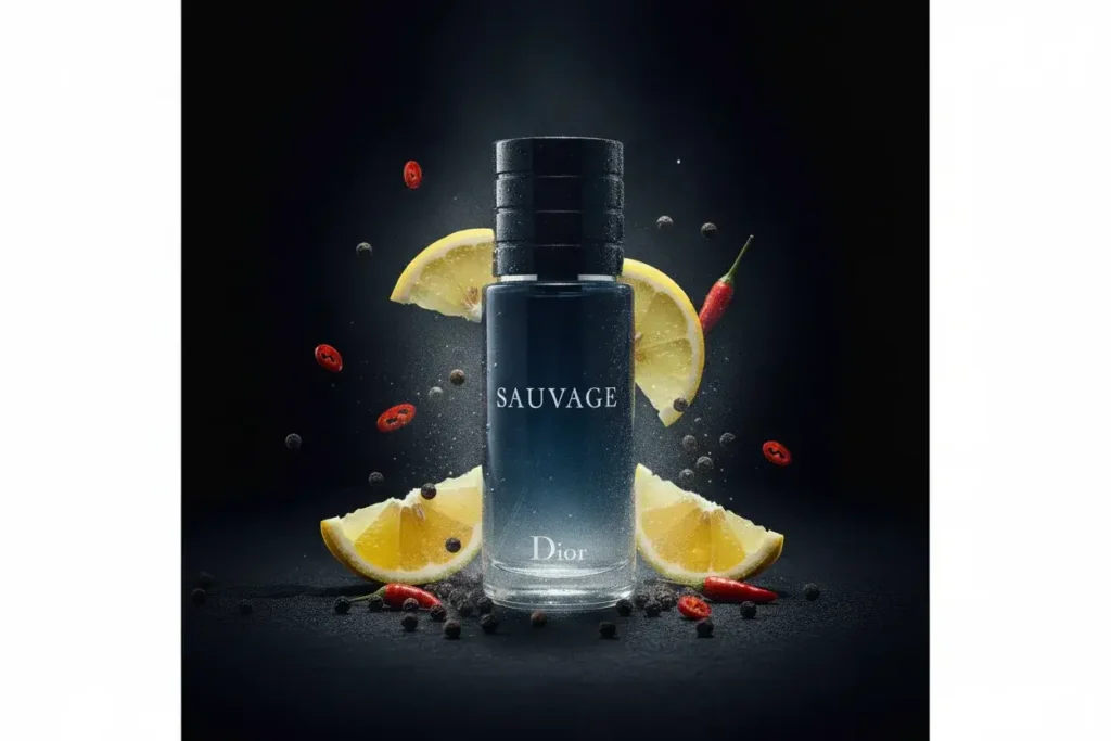 Perfume Dior Sauvage EDT em frasco escuro elegante, com elementos como bergamota e pimenta ao redor, representando uma fragrância cítrica aromática moderna, masculina e extremamente versátil.