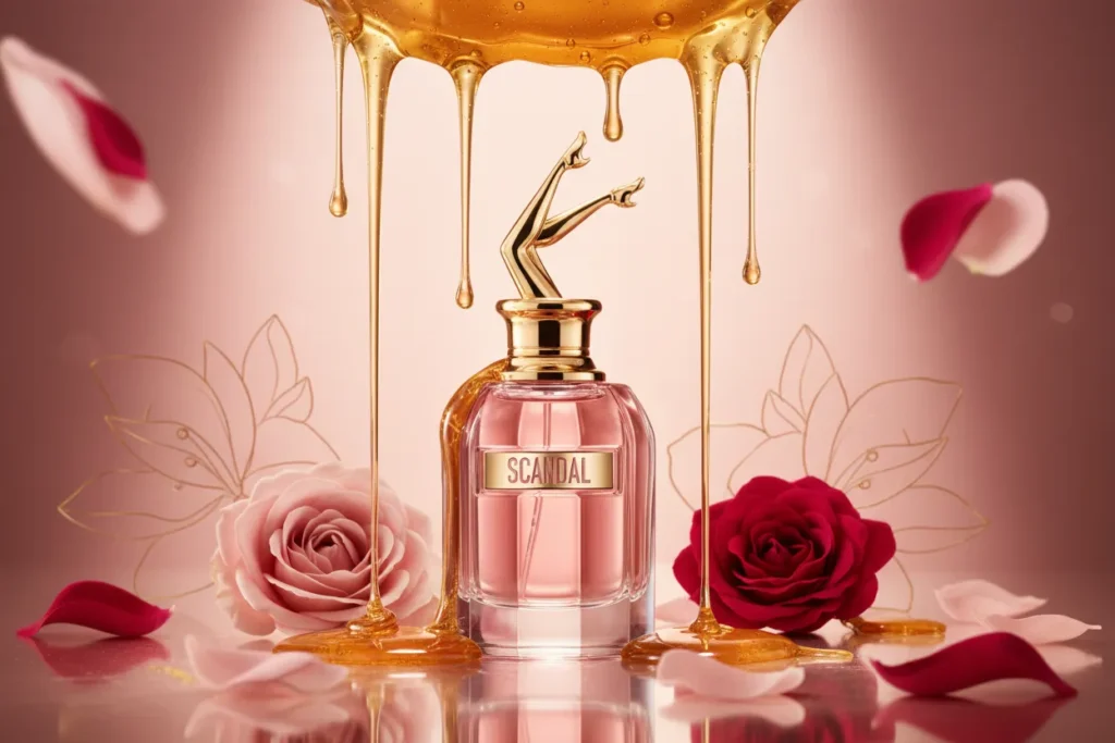 Perfume Scandal da Jean Paul Gaultier em frasco elegante com tampa em formato de pernas, acompanhado por elementos como mel e flores, representando uma fragrância doce, sensual e extremamente marcante.