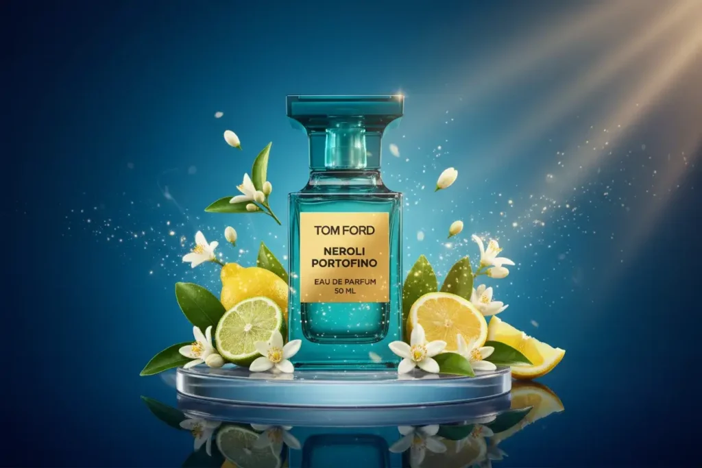 Perfume Tom Ford Neroli Portofino em cenário azul sofisticado com limão, bergamota e flores de neroli, representando fragrância cítrica fresca elegante e luxuosa