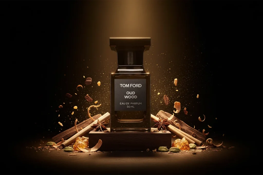 Perfume Tom Ford Oud Wood em cenário luxuoso com madeira de oud, sândalo, especiarias e âmbar, representando fragrância amadeirada sofisticada, quente e elegante