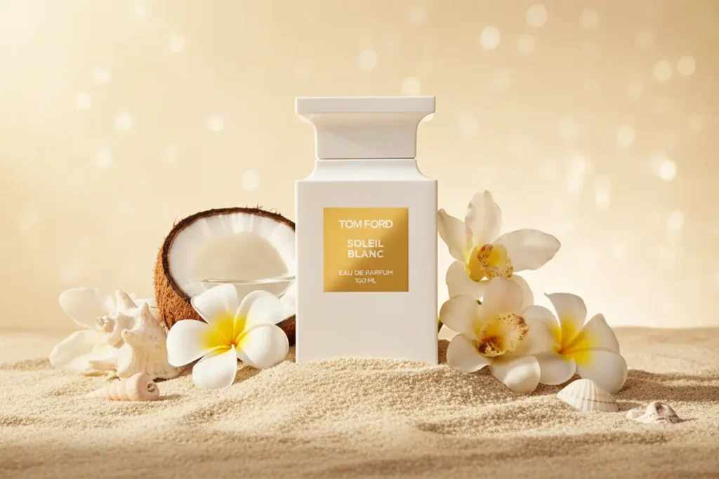 Perfume Tom Ford Soleil Blanc em frasco branco elegante, rodeado por coco, flores tropicais e areia, destacando fragrância solar cremosa com vibe de praia luxuosa e sofisticada