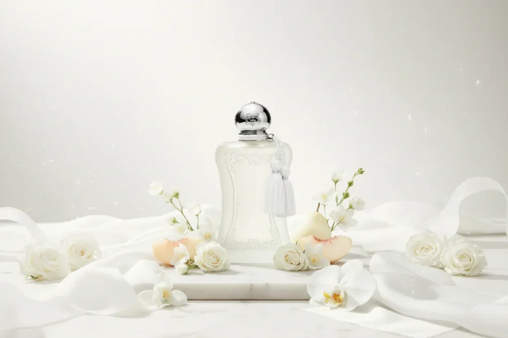 Perfume Valaya da Parfums de Marly em frasco branco elegante com detalhes sofisticados, cercado por flores brancas e tecidos leves, transmitindo fragrância floral almiscarada limpa e luxuosa