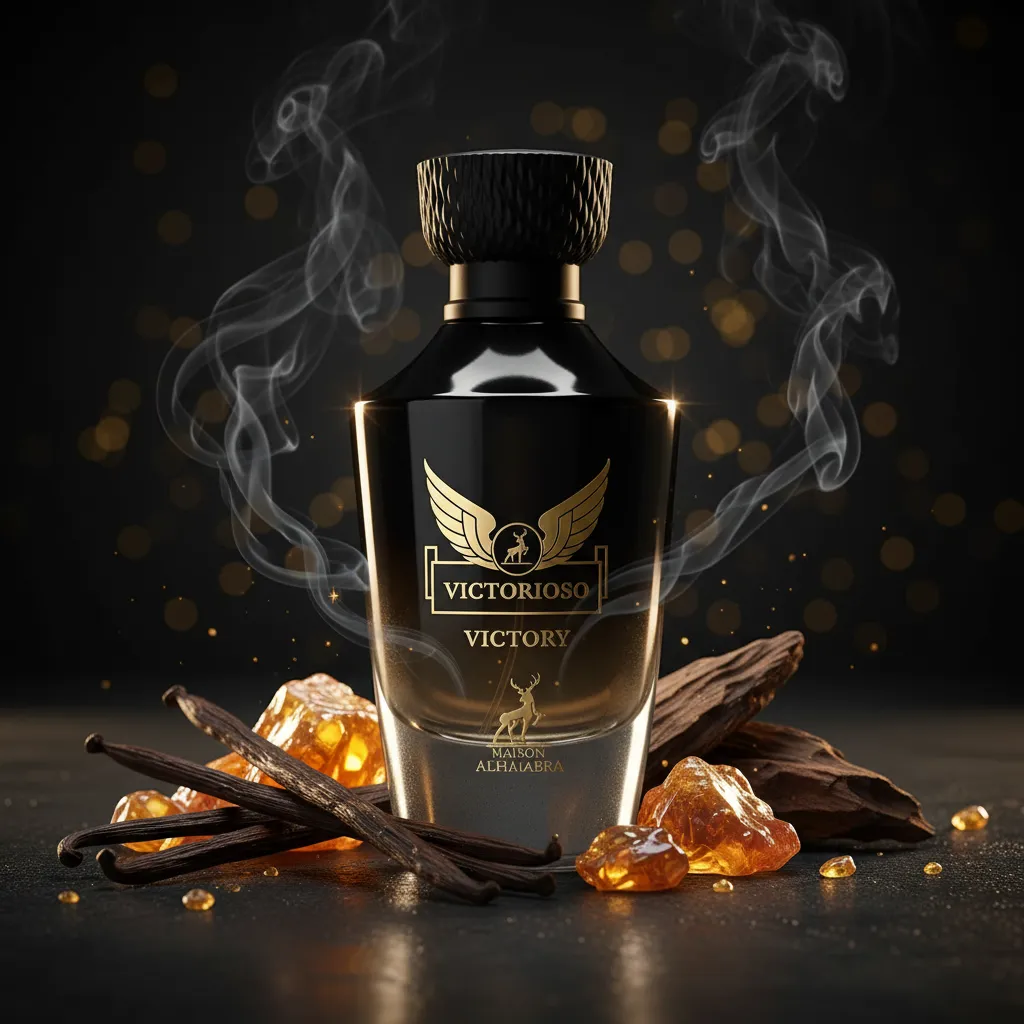 Perfume Victorioso Victory da Maison Alhambra em frasco elegante, com elementos como baunilha e âmbar ao redor, representando uma fragrância doce, intensa, masculina e sofisticada.