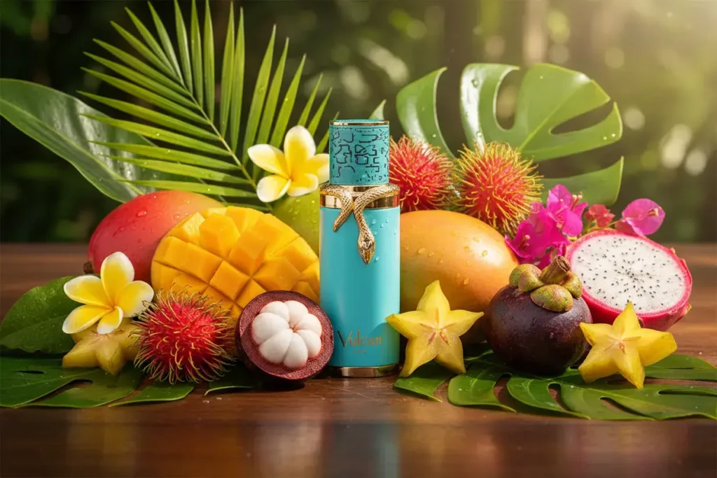 Perfume Vulcan Feu da The Fragrance World em frasco elegante, com manga e frutas tropicais ao redor, representando uma fragrância frutada exótica, doce, vibrante e extremamente marcante.