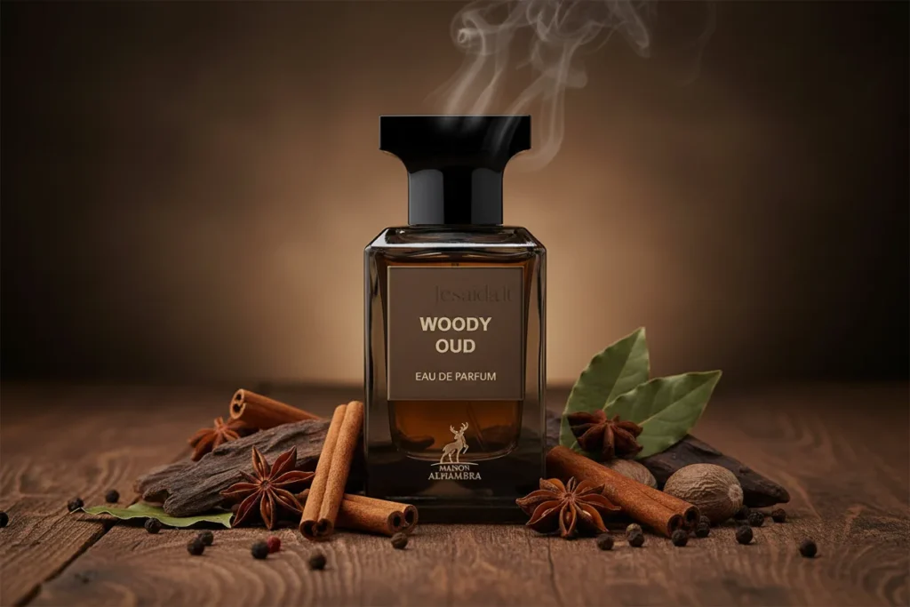 Perfume Woody Oud da Maison Alhambra em frasco elegante, com elementos de madeira e especiarias ao redor, representando uma fragrância amadeirada sofisticada, moderna e com toque de oud.