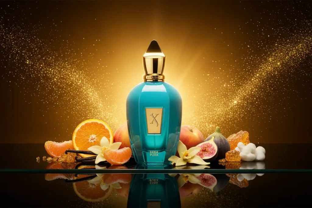 Perfume Xerjoff Erba Pura em cenário luxuoso com frutas cítricas, figo, baunilha e notas ambaradas, representando fragrância doce, intensa e de alta fixação