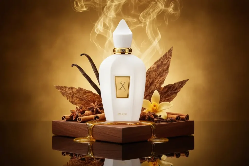 Perfume Xerjoff Naxos com mel, tabaco, baunilha e especiarias em cenário dourado luxuoso, representando fragrância quente, doce e envolvente