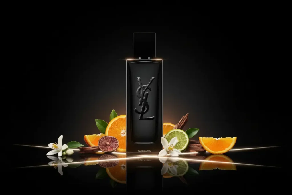 Perfume YSL MYSLF com flor de laranjeira, notas cítricas e madeira em cenário moderno escuro, representando fragrância fresca, elegante e contemporânea