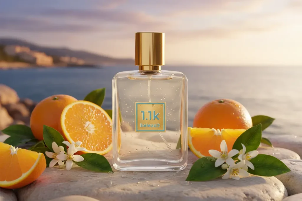 Perfume 1.1K da Beleza2 inspirado no Neroli Portofino em cenário mediterrâneo luxuoso com frutas cítricas, flores brancas e atmosfera refrescante