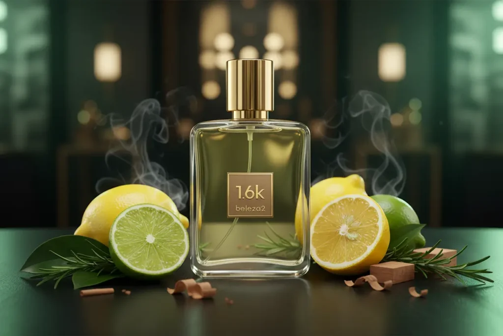 Perfume 1.6K da Beleza2 inspirado no Hacivat em cenário sofisticado escuro com frutas cítricas, folhas verdes e atmosfera luxuosa moderna