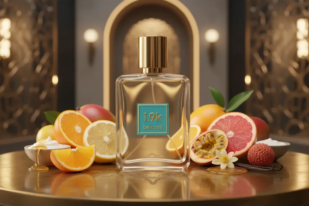 Perfume 1.9K da Beleza2 inspirado no Erba Pura em cenário dourado luxuoso com frutas cítricas e atmosfera sofisticada