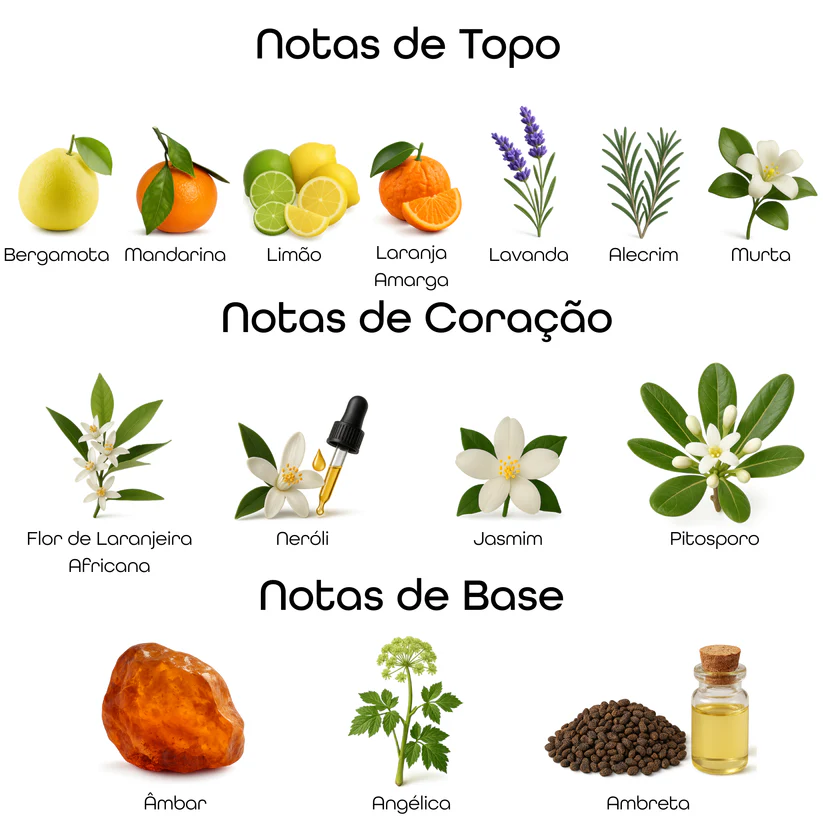 Imagem com notas olfativas do perfume divididas entre topo, coração e base, incluindo bergamota, mandarina, limão, laranja amarga, lavanda, alecrim, murta, flor de laranjeira africana, néroli, jasmim, pitosporo, âmbar, angélica e ambreta
