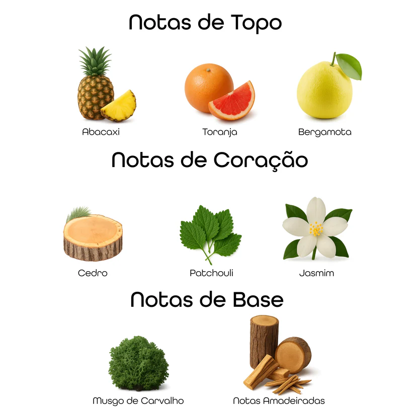 Imagem com notas olfativas do perfume divididas entre topo, coração e base, incluindo abacaxi, toranja, bergamota, cedro, patchouli, jasmim, musgo de carvalho e notas amadeiradas