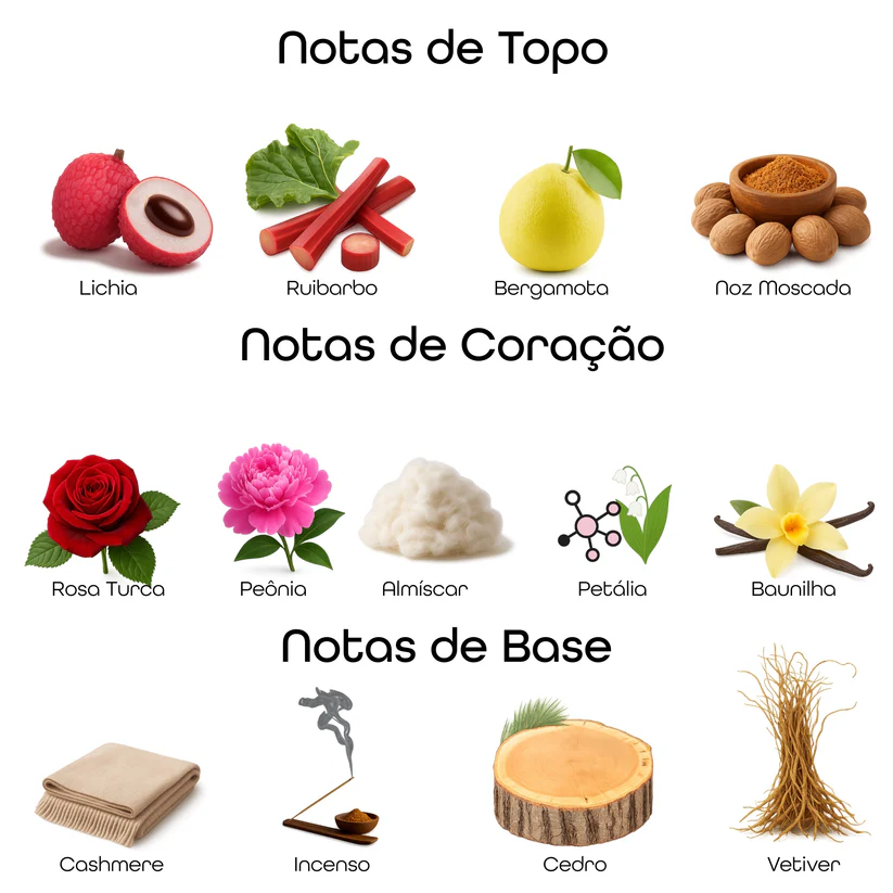 Imagem com notas olfativas do perfume divididas entre topo, coração e base, incluindo lichia, ruibarbo, bergamota, noz moscada, rosa turca, peônia, almíscar, petália, baunilha, cashmere, incenso, cedro e vetiver