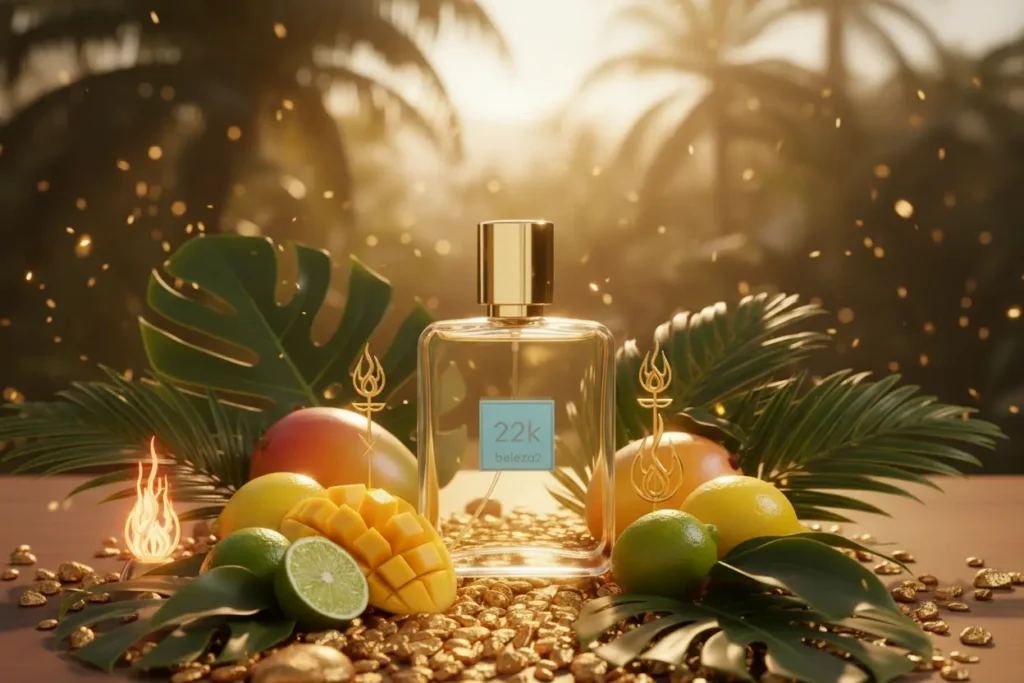 Perfume 2.2K da Beleza2 inspirado no God of Fire em cenário tropical luxuoso com mangas, frutas cítricas e atmosfera sofisticada