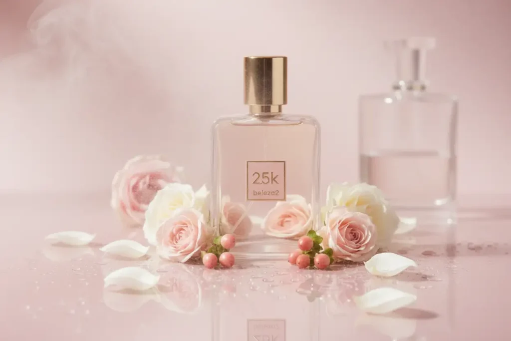 Perfume 2.5K da Beleza2 inspirado no Delina La Rosée em cenário rosé sofisticado com rosas delicadas e atmosfera luxuosa feminina