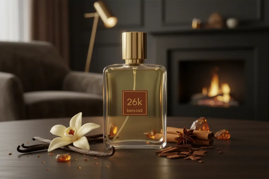 Perfume 2.6K da Beleza2 inspirado no Althaïr em cenário sofisticado escuro com baunilha cremosa, especiarias e atmosfera luxuosa