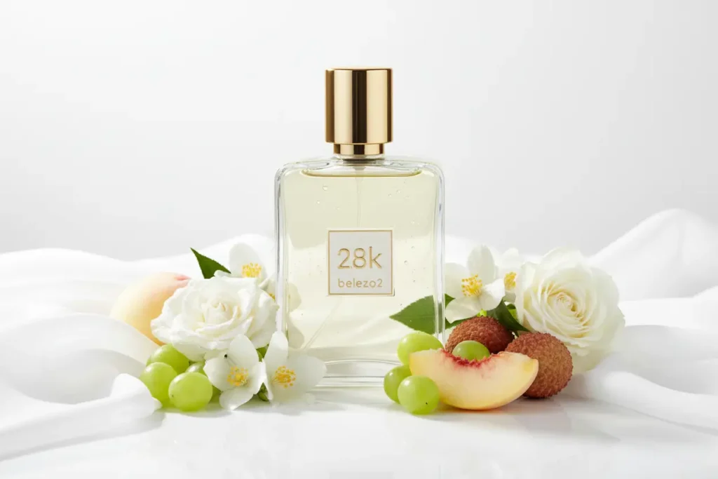 Perfume 2.8K da Beleza2 inspirado no Valaya em cenário branco sofisticado com flores delicadas e atmosfera clean luxuosa