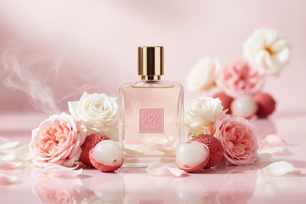 Perfume 2.9K da Beleza2 inspirado no Delina em cenário rosé sofisticado com rosas delicadas e atmosfera luxuosa feminina