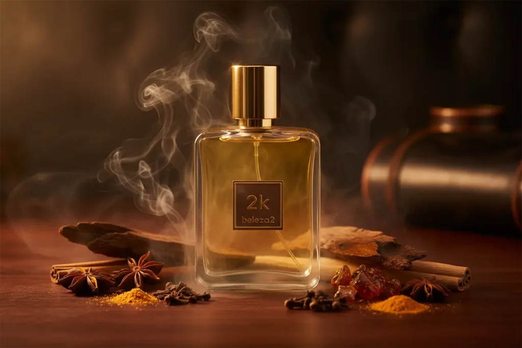 Perfume 2K da Beleza2 inspirado no Oud Wood em cenário sofisticado escuro com madeiras nobres, fumaça suave e atmosfera luxuosa