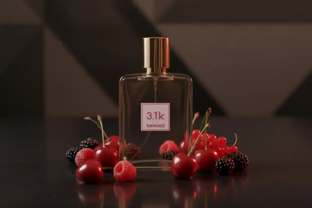Perfume 3.1K da Beleza2 inspirado no Electric Cherry em cenário sofisticado vermelho com cerejas e atmosfera luxuosa moderna
