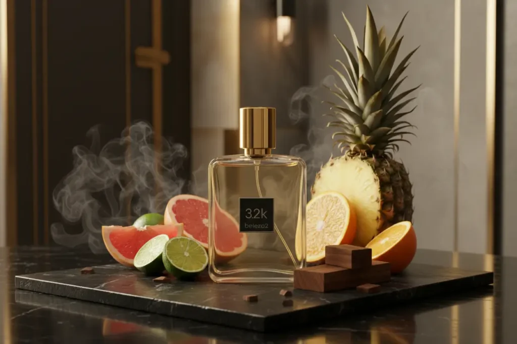 Perfume 3.2K da Beleza2 inspirado no Absolu Aventus em cenário sofisticado escuro com frutas cítricas, madeiras nobres e atmosfera luxuosa masculina