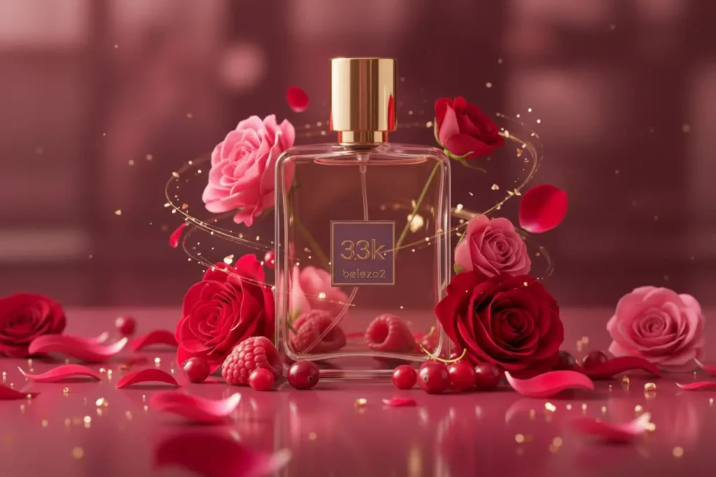 Perfume 3.3K da Beleza2 inspirado no Carmina em cenário sofisticado vinho com frutas vermelhas, rosas e atmosfera luxuosa feminina